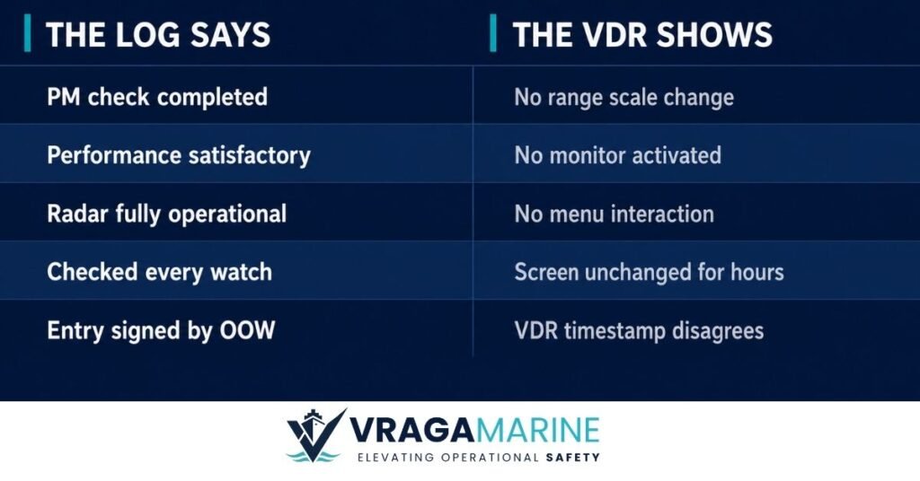 radar performance monitor ship - Infographic comparing radar log entries against VDR recordings — five entries show PM check completed, performance satisfactory, and radar operational, while the VDR shows no screen activity