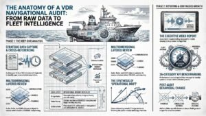Infographic showing the anatomy of a VDR navigational audit — from raw data capture through layered analysis of audio, radar and ECDIS to fleet intelligence and KPI benchmarking