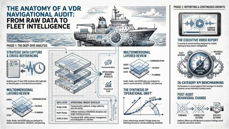 Infographic showing the anatomy of a VDR navigational audit — from raw data capture through layered analysis of audio, radar and ECDIS to fleet intelligence and KPI benchmarking