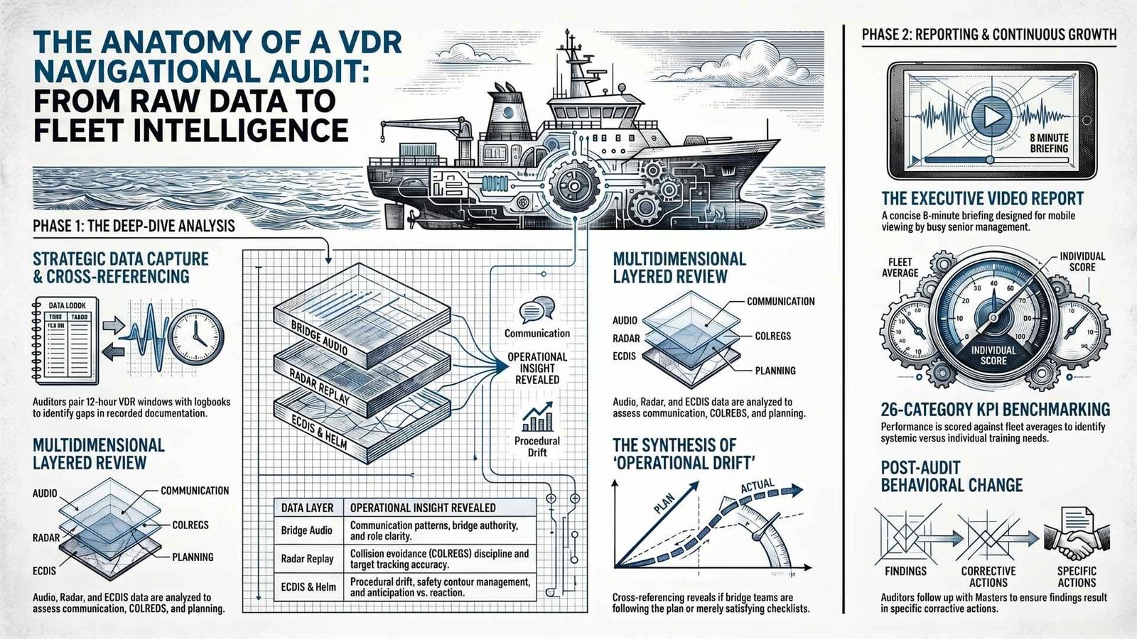Infographic showing the anatomy of a VDR navigational audit — from raw data capture through layered analysis of audio, radar and ECDIS to fleet intelligence and KPI benchmarking