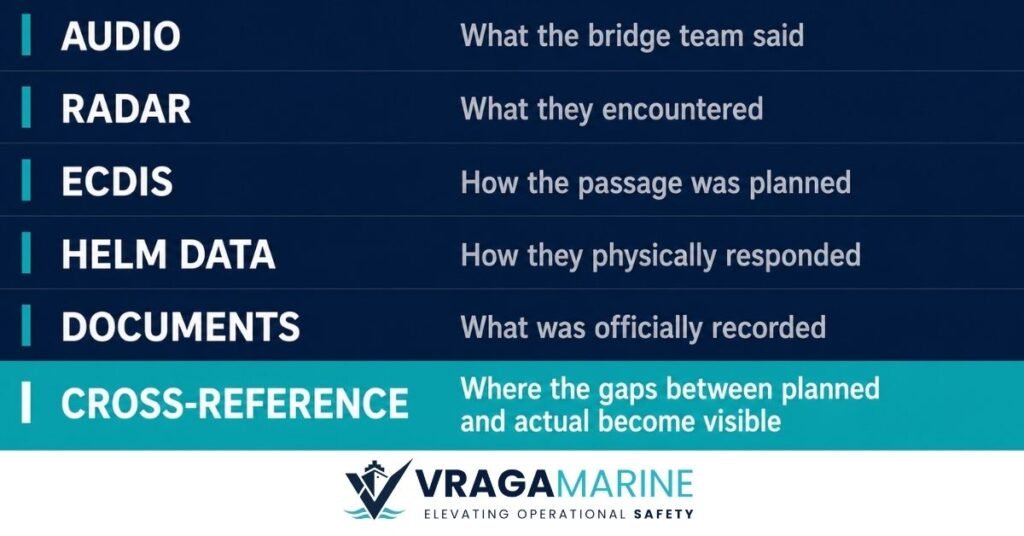 VDR navigational audit data layers — audio, radar, ECDIS, helm data and documents cross-referenced to identify bridge team performance gaps