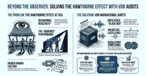 VDR navigational audit infographic showing the Hawthorne Effect and recommended audit cadence for ship managers