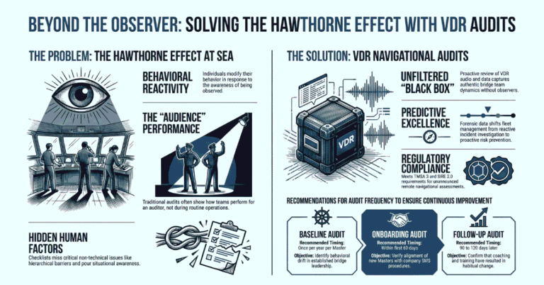 VDR navigational audit infographic showing the Hawthorne Effect and recommended audit cadence for ship managers