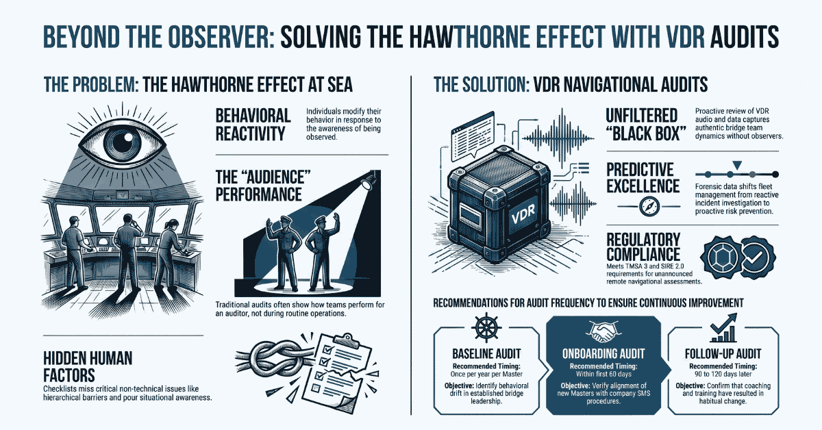 VDR navigational audit infographic showing the Hawthorne Effect and recommended audit cadence for ship managers