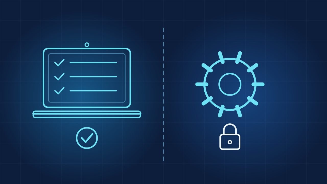 A laptop with a ticked checklist on one side and a gear with a padlock on the other, divided by a dashed line