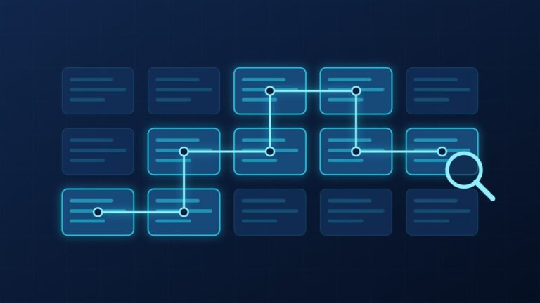 Connected document cards with a highlighted trail ending in a magnifying glass, representing tracing a procedure through a safety management system