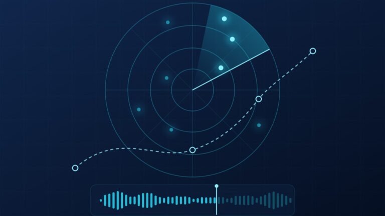 Radar sweep with target blips over an audio waveform, representing a VDR audit of recorded bridge data